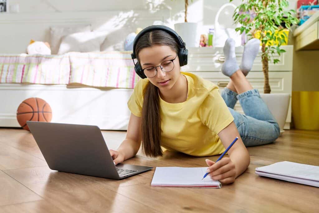 Flexible online learning student engaging with coursework at home for Bradford International Virtual School.