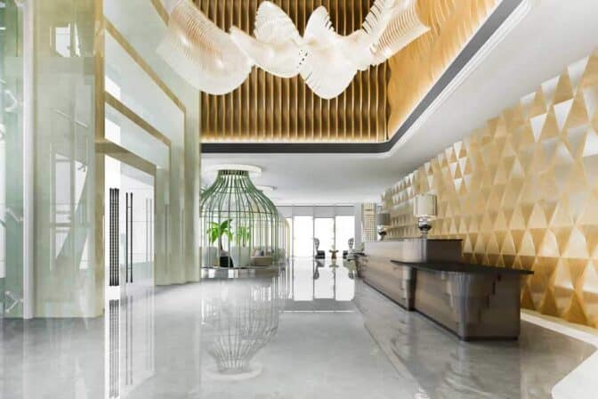 Modern lobby with elegant design, luxurious decor, and stylish lighting for a welcoming atmosphere