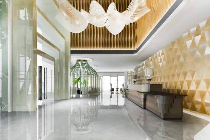 Bright modern lobby with stylish decor and elegant lighting features.