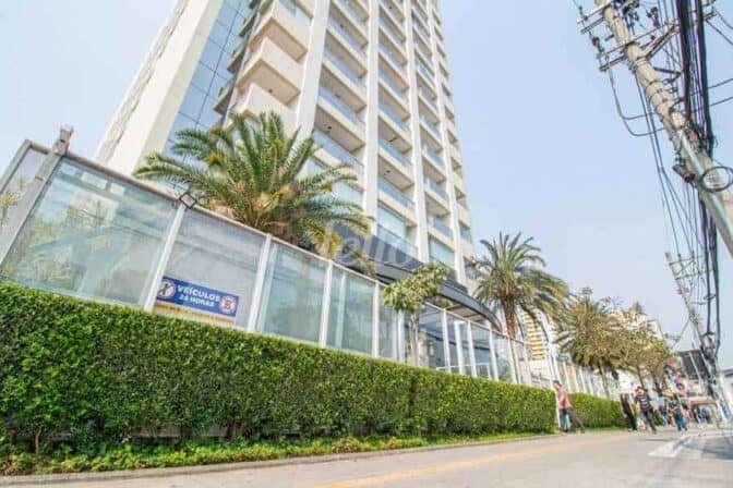 Modern high-rise building in downtown Bradford with lush greenery and palm trees.